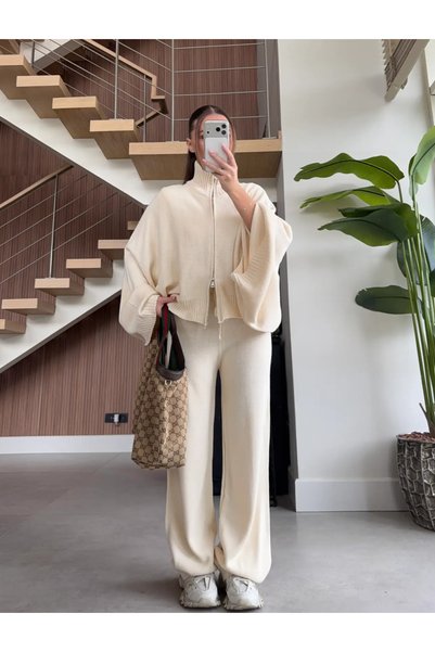 My Blog Cream Bat Sleeve Double Zipper Knitwear Set - 2110