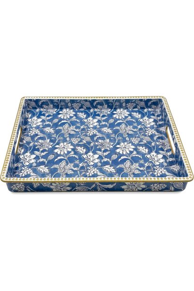 Generic Rectangular Decorative Serving Tray with Handles,Vintage Blue White F...