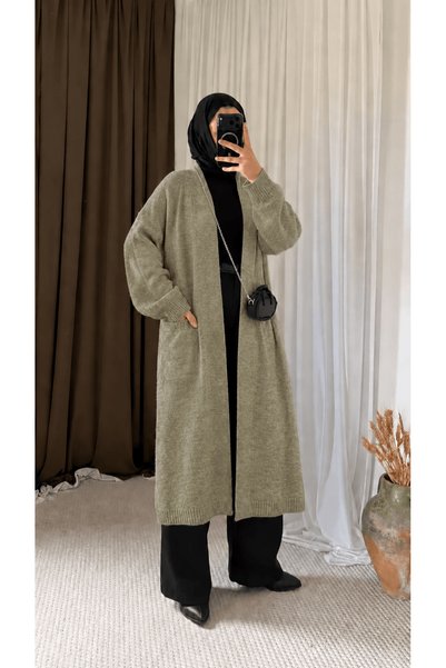 Hepsi Moda Double Pocket Long Knitwear Cardigan - 1525 - Mold Green (Es)