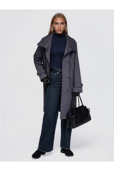 OMBRE Damen-Trenchcoat, knielang, einreihig, breiter Kragen, Raglanärmel, Gra...