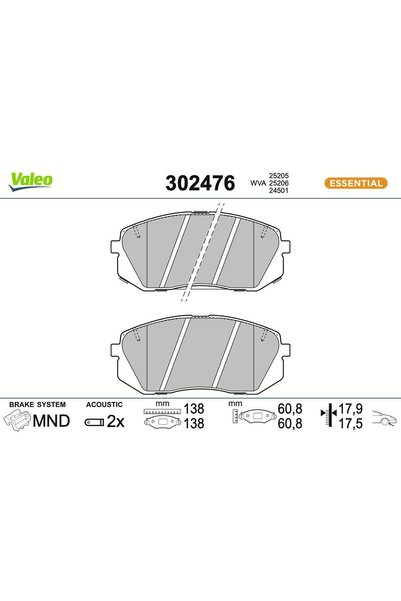 VALEO Σετ τακάκια φρένων, δισκόφρενο 302476