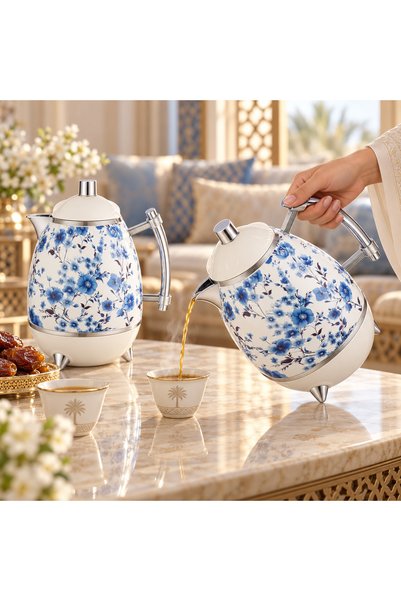 REFAN طقم ترامس ضيافة ريفان للقهوة السعودية والشاي – أبيض بنقوش زهور زرقاء وت...