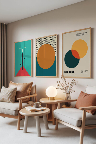 Zestia Set od 3 slike sa drvenim ramovima, Tirkizna Bauhaus izložba, Dekor za...
