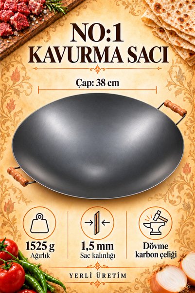 Keskin Adam 38cm. Gerçek Sac Kavurma Sacı Ahşap Saplı Gözleme Bazlama Sacı Çi...