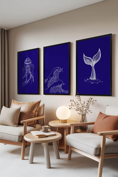 Zestia Set de 3 tablouri cu rame negre, desen cu oceanul albastru, decor de p...