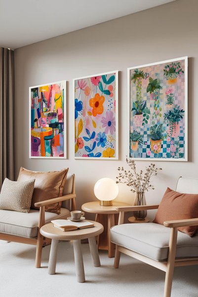 Zestia Set of 3 Paintings with White Frames, Colorful Floral Art, Living Room...