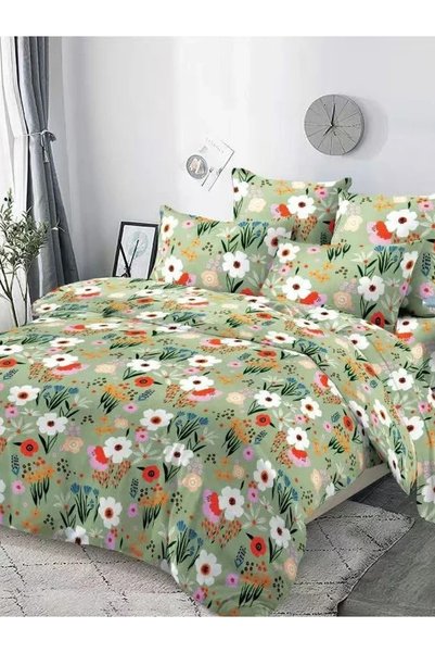 skyhomeonline Lenjerie de pat Finet 6 piese verde cu floricele albe, roz și p...
