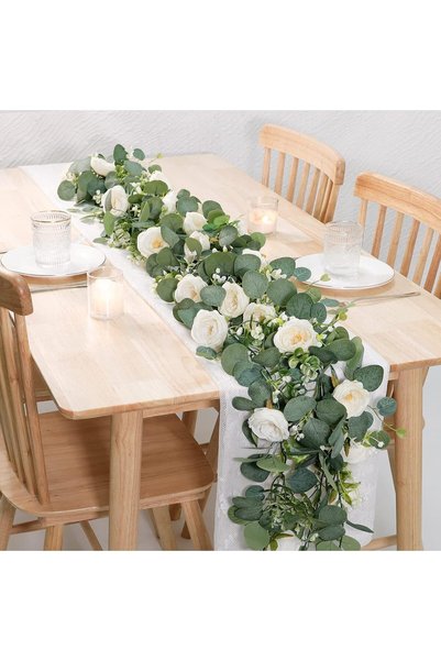 Generic Artificial Eucalyptus Garland with White Roses 2 Pack – 70.8 Inch Fau...