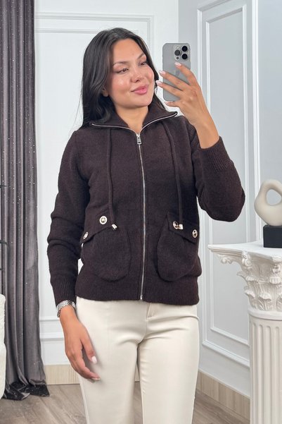 MissVina Women's Winter Coffee Velour Zippered Turtleneck Knit Sweater 20286