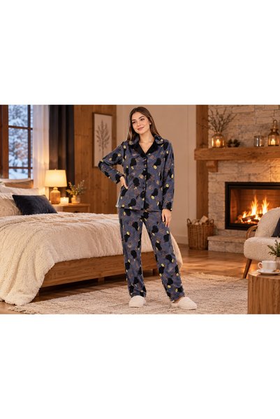 PİJAMOOD Siyah Desenli Lacivert BATTAL BEDEN Kadın Pijama Takımı, Düğmeli.