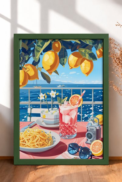 HOMEPACK Spaghete sub lămâi și tablou cu ramă de cocktail – Poster cu Italia ...