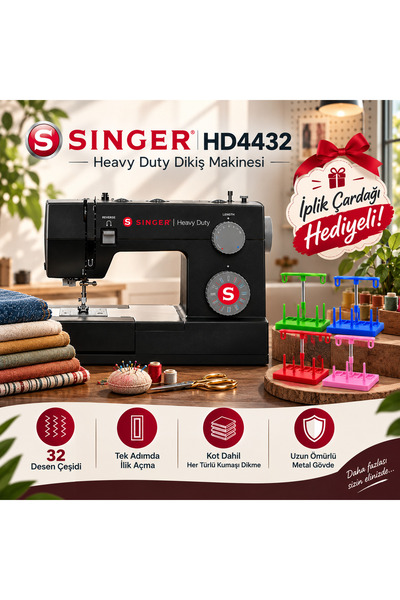 SİNGER HD4432 Heavy Duty 32 Dikiş Desenli, Güçlü Motorlu Dikiş Makinesi (İplik Çardağı Hediyeli)