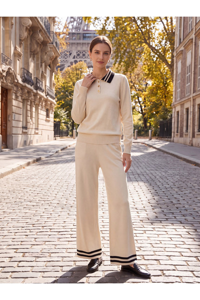 OMBRE Set tricotat de damă, pulover cu guler și pantaloni largi, cu bordură î...