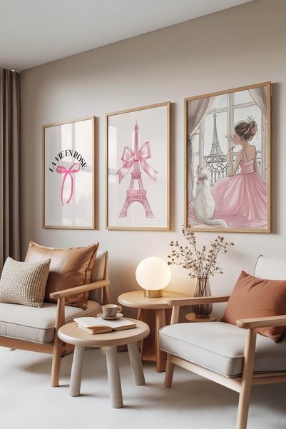 Zestia Set de 3 tablouri cu rame din lemn, stil romantic roz parizian, decor ...