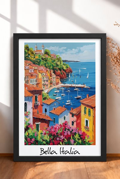 HOMEPACK Bella Italia Sailing Harbor i Flowers uokvirena slika, poster Italij...