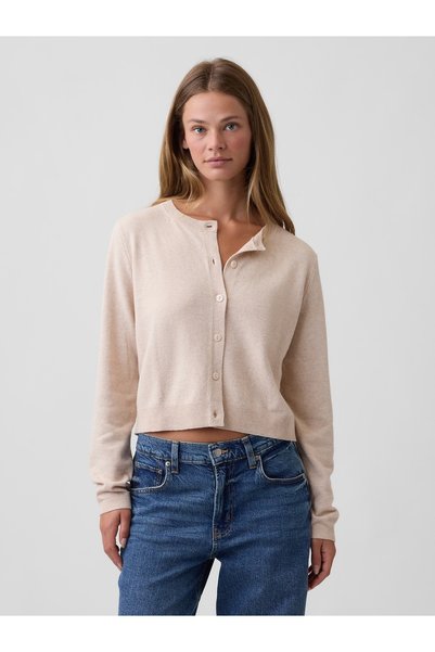 GAP Kadın Bej CashSoft Crop Bisiklet Yaka Hırka