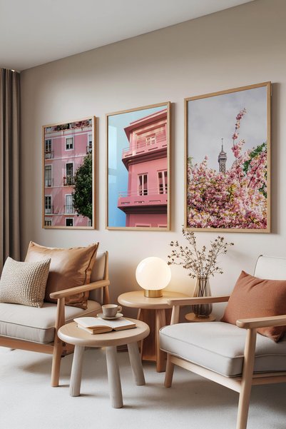 Zestia Set de 3 tablouri cu ramă din lemn, fotografie arhitecturală roz, deco...