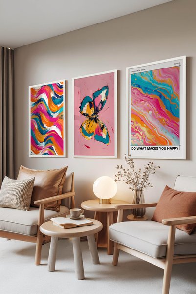 Zestia White-Framed Set of 3 Paintings, Retro Fluid Art, Living Room Wall Dec...