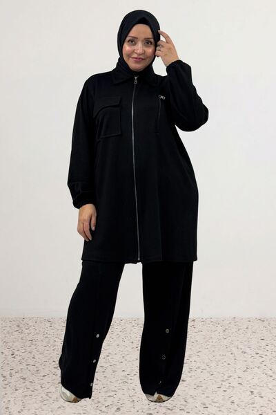 Eslina 67084 Plus Size Set with Snap and Zipper Details and Modal Pants - Black