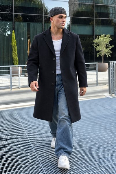 DAMGA JEANS معطف طويل أسود للرجال، مناسب للارتداء اليومي.