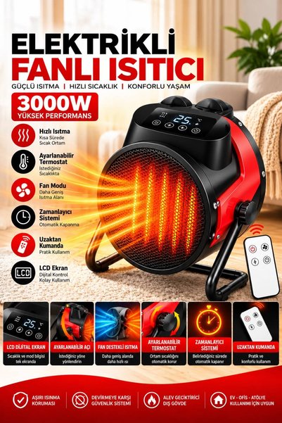 wearfit 3000W Elektrikli Fanlı Isıtıcı LCD Ekranlı Termostatlı Uzaktan Kumandalı Zaman Ayarlı Ayarlanabilir Açılı Sıcak Hava Üflemeli Isıtıcı