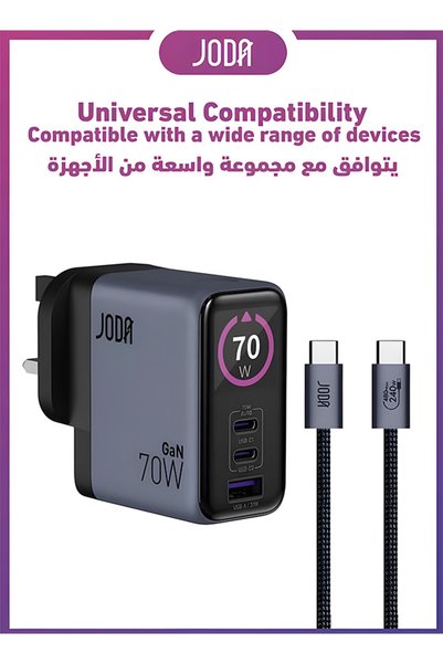 Joda Juda Voltlux Gan 70W 3-Port Display Fast Wall Charger, with 240W Usb-C Cable, Gray