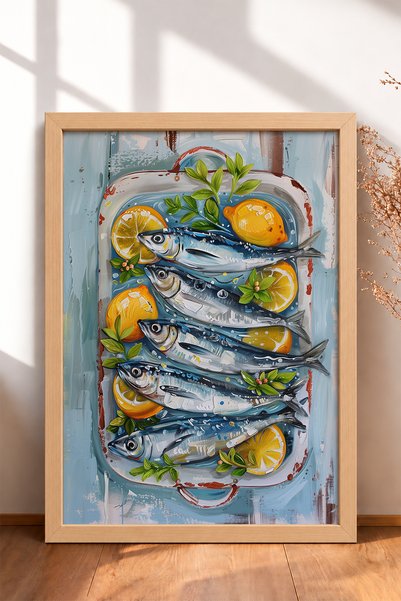 HOMEPACK Sardines and Lemon Slices on a Tray, Framed Picture, Italy Poster, W...