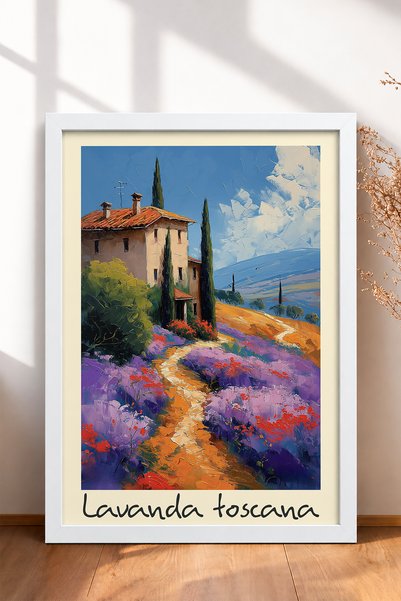 HOMEPACK لوحة مرسومة بإطار تصور حقول اللافندر في توسكانا وأشجار السرو، ملصق إ...