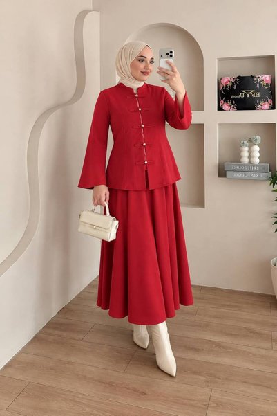 BLUSS طقم نسائي مكون من قطعتين، يتضمن تنورة واسعة وياقة عالية وأزرار، مناسب ل...