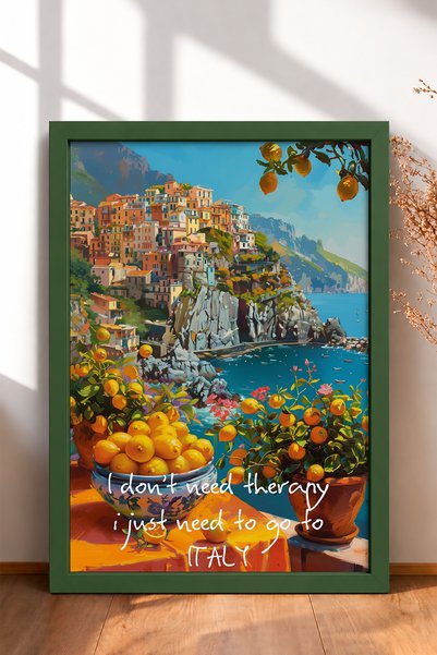 HOMEPACK Tablou înrămat cu inscripția „Go To Italy” și un sat de pe litoral c...
