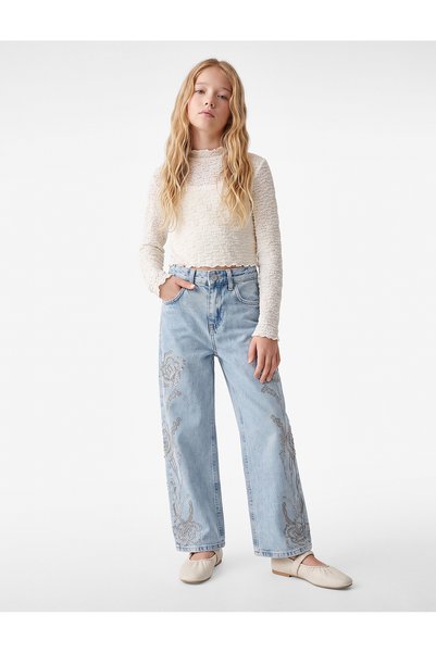 Koton Girls Blue Floral Embellished Jeans