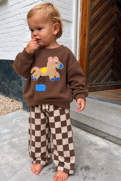 Monila Boys' Coffee Horse Embroidered Cotton 3-Thread Fabric Set (Top and Bot...
