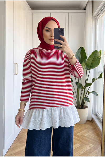 Kirazca Butik Women's Striped Lace Ruffled Long-Sleeved Modest Blouse Tunic 6...