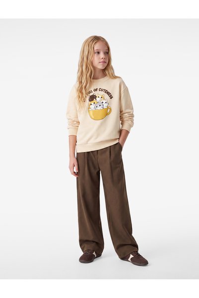 Koton Girls Cream Graphic Print Crew Neck Long Sleeves Sweatshirt