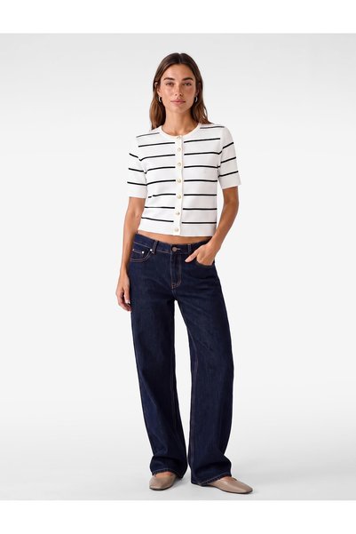 Koton Women White Striped Round Neck Short Sleeves Cardigan