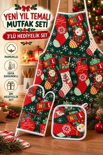 Zvezda Home Yeni Yıl Temalı 3’lü Mutfak Seti – Önlük, Fırın Eldiveni ve Tutacak