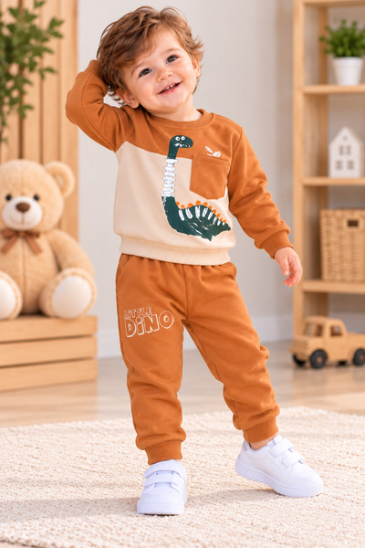 SERPİL Baby Boy 2-Piece Tracksuit Set, Dinosaur Print, Terracotta Beige Sweat...