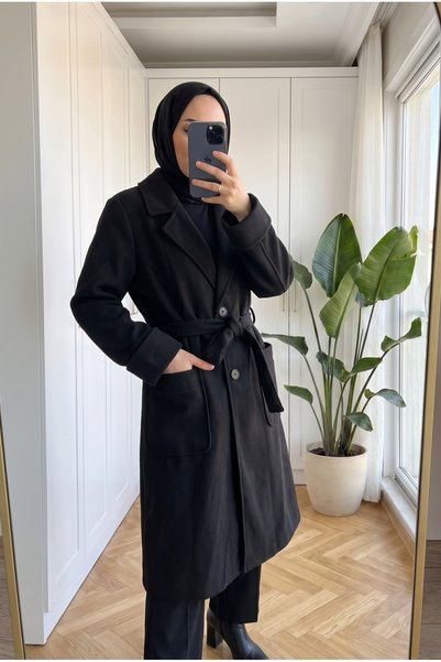Kirazca Butik Women's Belted Cashmere Coat Blazer Collar Buttoned Long Modest...
