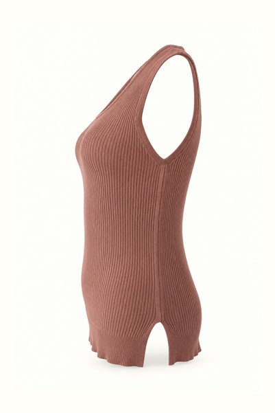 Sezgi Tekin V-Neck Sleeveless Taupe Color Corded Fabric Sweater