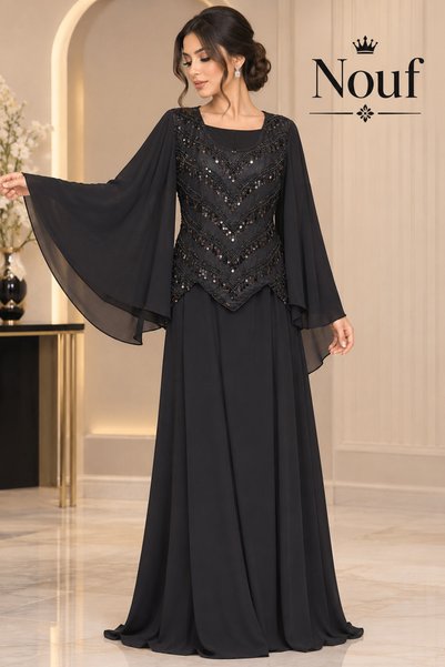 nouf فستان نوف الأسود الفاخر بأكمام كاب وتطريز لامع 🖤