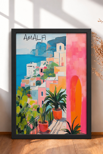 HOMEPACK Amalfi Pink Belt and Potted Plant on a Terraced Frame – Italy Poster...