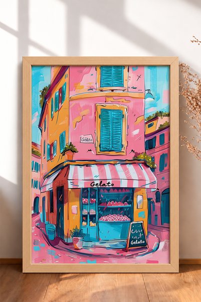 HOMEPACK Πίνακας με κορνίζα «Gelato» – Ροζ παγωτατζίδικο – Αφίσα από την Ιταλ...