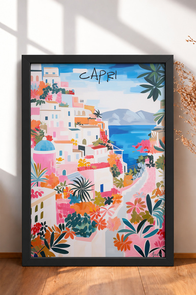 HOMEPACK Floral White Houses on the Capri Slope – Framed Painting, Italy Post...