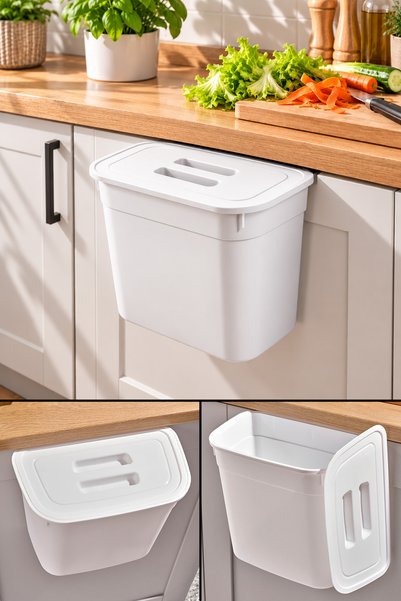 Emofom Dolap Kapağına Asılabilir Kapaklı Mutfak Çöp Kovası 7 Litre Pratik Tez...