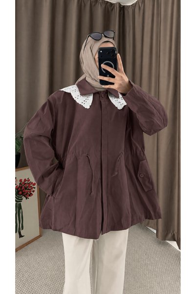 Hepsi Moda Lace-Trimmed Trench Coat - 110 - 90017 - Dark Brown