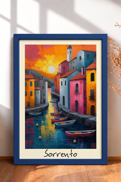 HOMEPACK Sorrento Pink i Plave Kuće sa Fasadama u Okviru Postera, Italija Pos...
