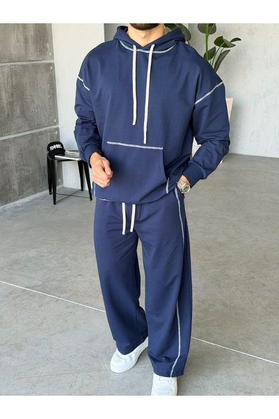 FO4RBS Contrast Stitched Two-Thread Hooded Baggy Tracksuit Set t Navy Blue