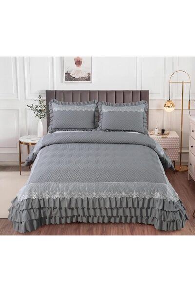 OEM Cuvertură și fețe de pernă, Bumbac, Volane elegante, 3 piese, 2 persoane,...