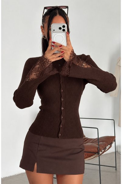 My Blog Brown Knit Cardigan with Lace Detail - 0207