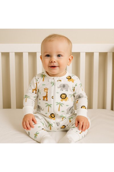 Nonie Pijama lungă din bambus - model slimfit, Happy Zoo, albă, pentru băieți...
